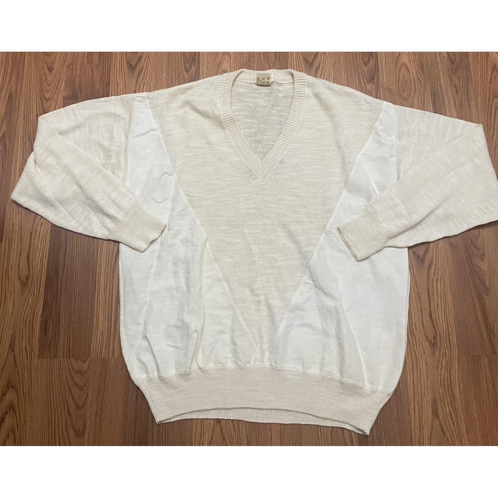 Cezar Sweater Mens Large Linen V-Neck Pullover White